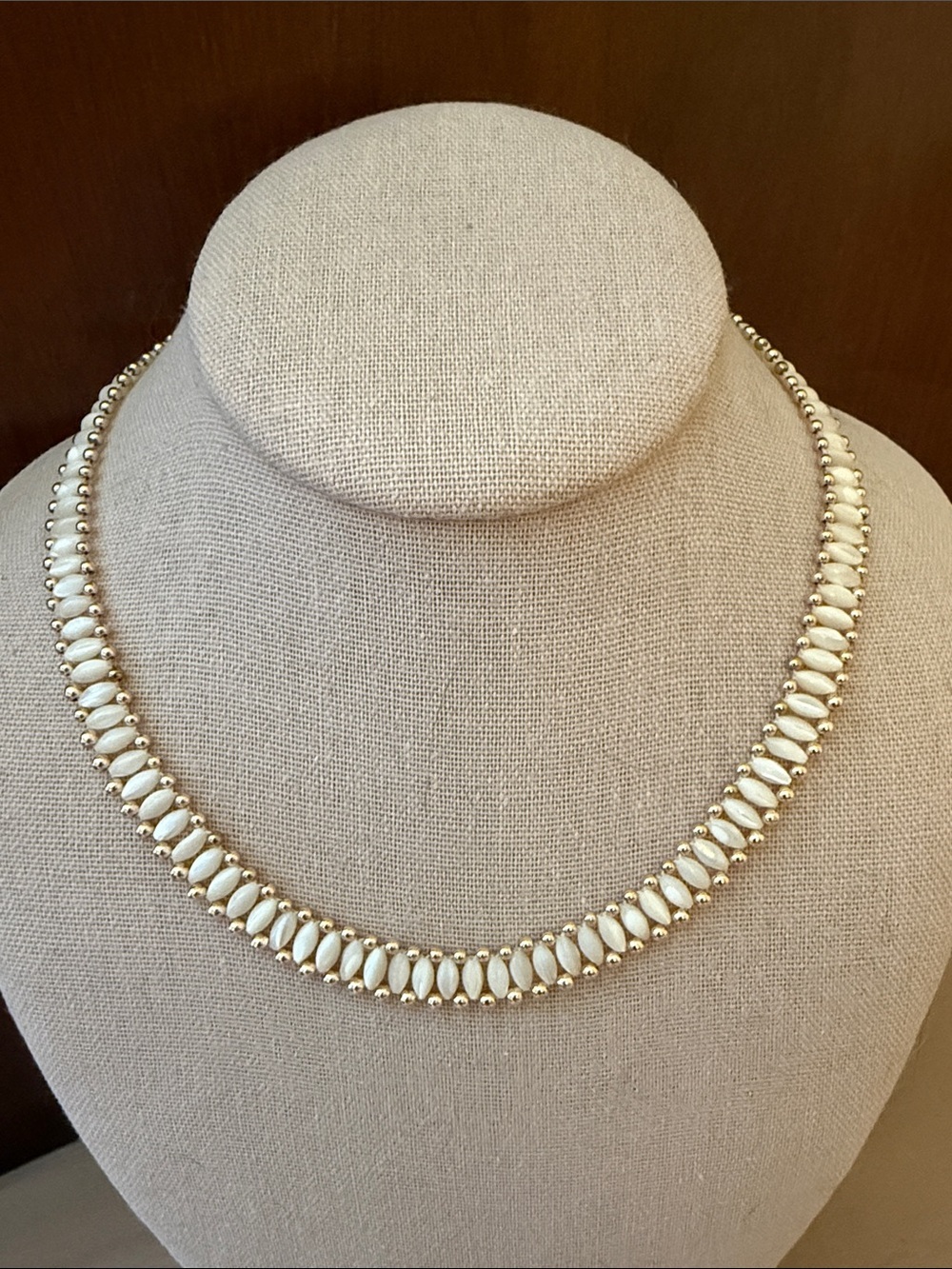 Elegant Mother of Pearl White and Gold Bead Collar Necklace.